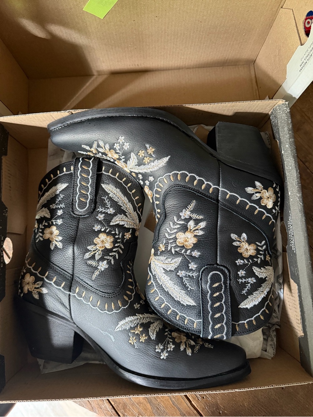 dingo Black Western Ankle Boots with Gold & Cream Floral Embroidery